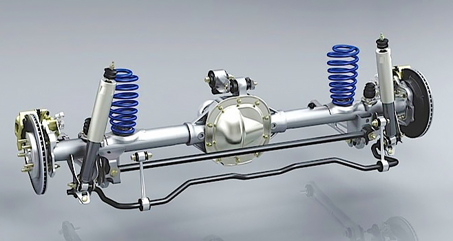3D render of an anti-roll bar connected to a suspension assembly 